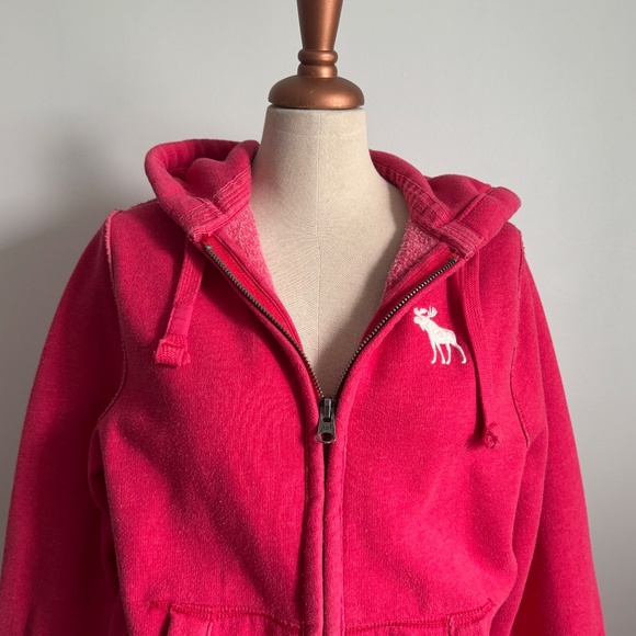 Abercrombie & Fitch Muscle Pink -Red  Zipped Hoodie with Embroidered White Deer - Picture 4 of 9